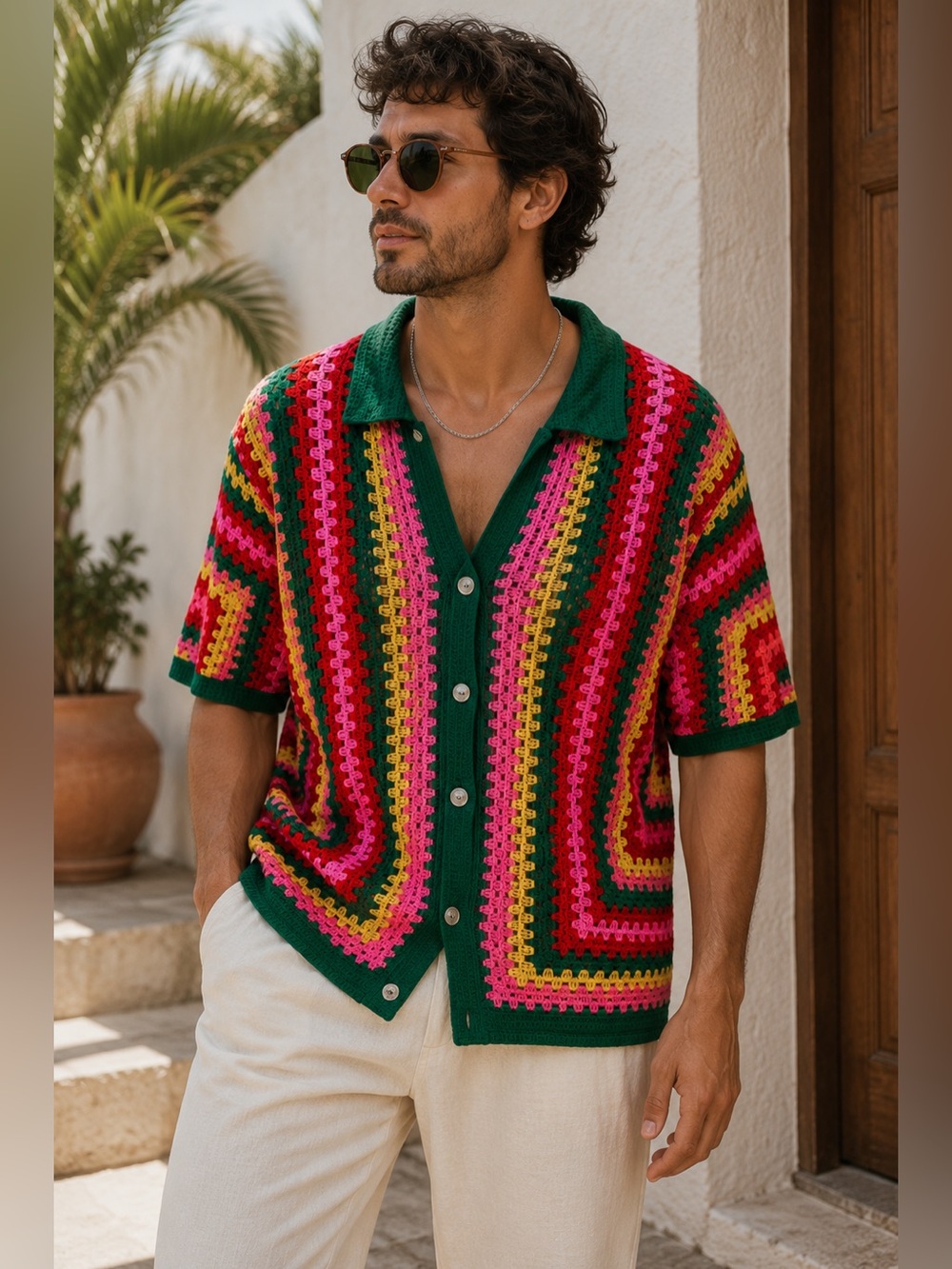 Crochet Knit Button Up Cardigan Shirt Retro Festival Resort Large Y2K